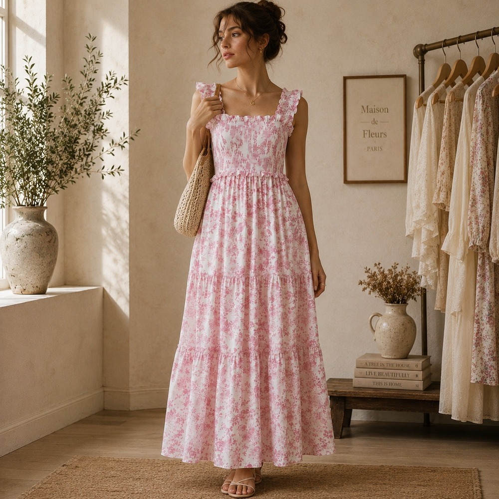 Altar'd State Floral Smocked Maxi Dress L Pink Pockets Tiered Cottage Coquette